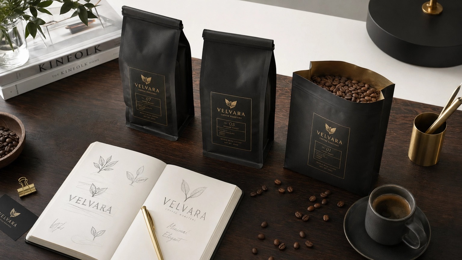 Mockups de bolsas de café premium con branding y etiquetas sobre mesa creativa con cuaderno de diseño