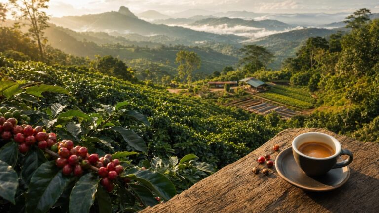 Finca cafetera con cerezas rojas en montaña tropical y taza de espresso servida en primer plano