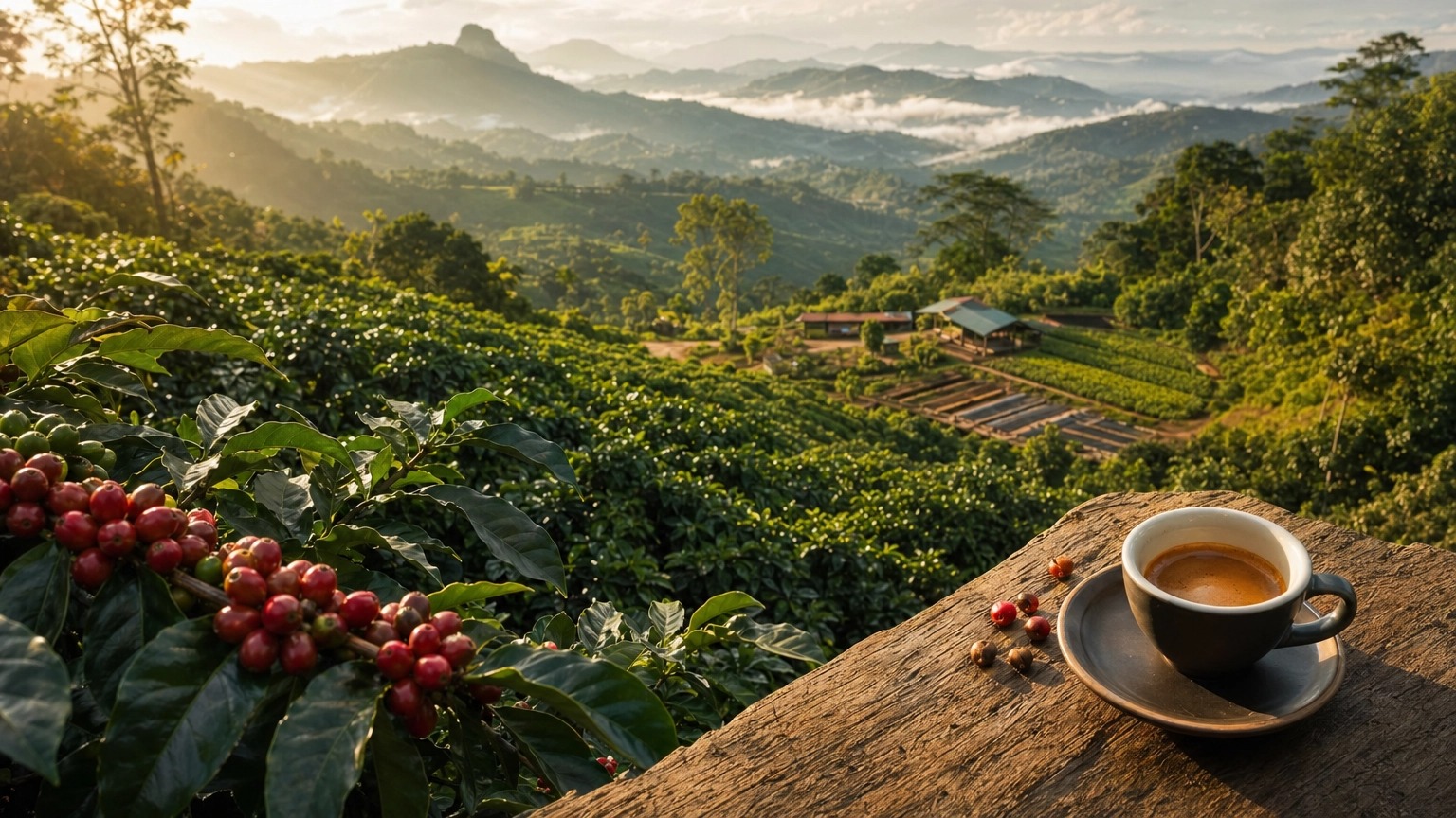 Finca cafetera con cerezas rojas en montaña tropical y taza de espresso servida en primer plano