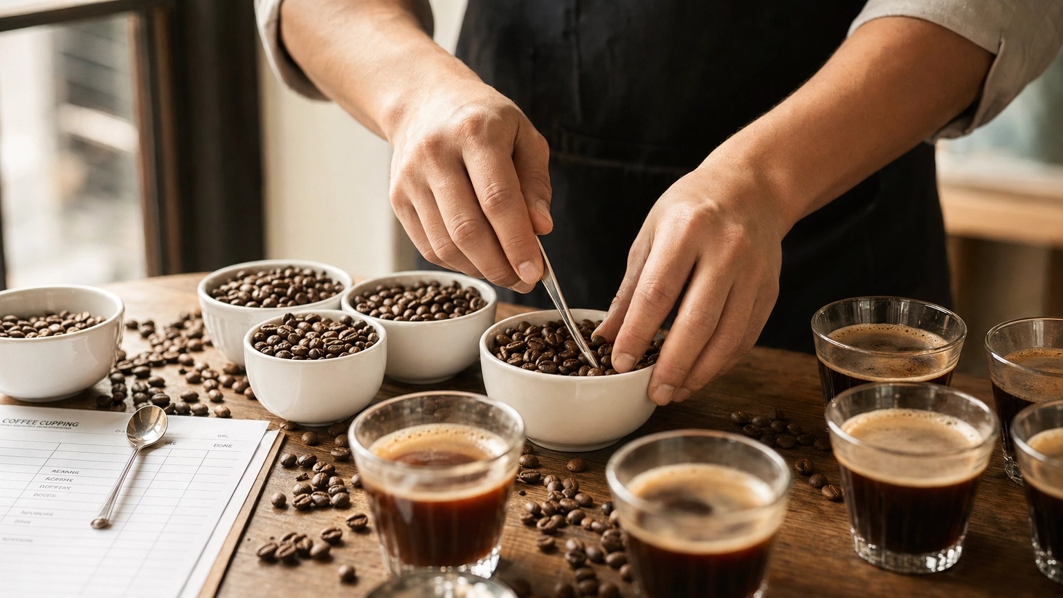 Catación de café de especialidad con granos premium y manos seleccionando microlotes